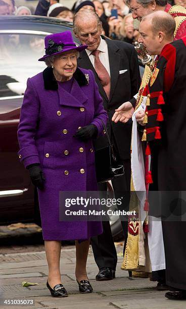 Queen Elizabeth II and Prince Philip, Duke of Edinburgh visit Southwark Cathedral on November 21, 2013 in London, England.