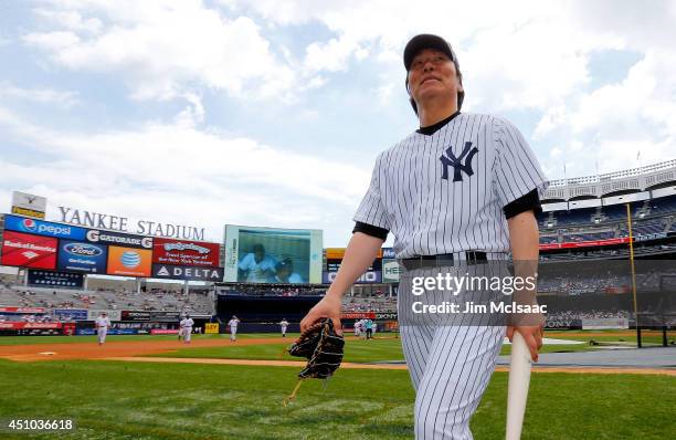 Former New York Yankee Hideki Matsui looks on prior to the teams 68th Old Timers Day before a game between the New York Yankees and the Baltimore...