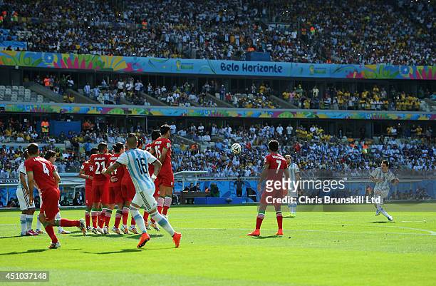 Lionel Messi of Argentina takes a free-kick during the 2014 FIFA World Cup Brazil Group F match between Argentina and Iran at Estadio Mineirao on...
