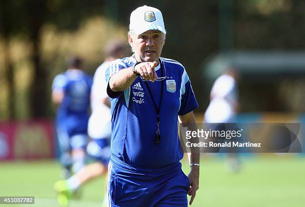 Coach Alejandro Sabella of Argentina during a training session at Cidade do Galo on June 22, 2014 in Vespasiano, Brazil.