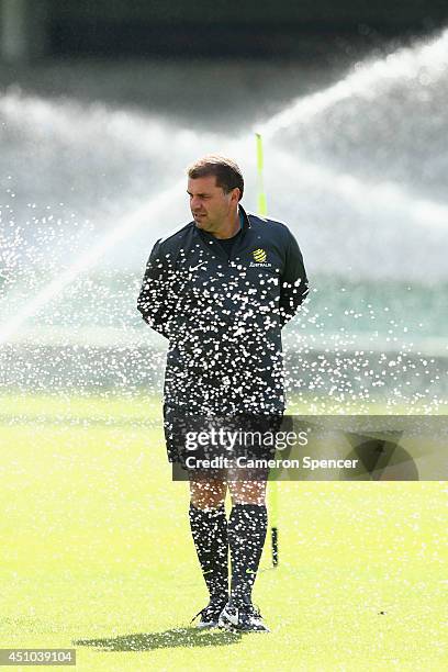 Socceroos coach Ange Postecoglou looks on during an Australian Socceroos training session and press conference at Estadio Couto Pereira on June 22,...