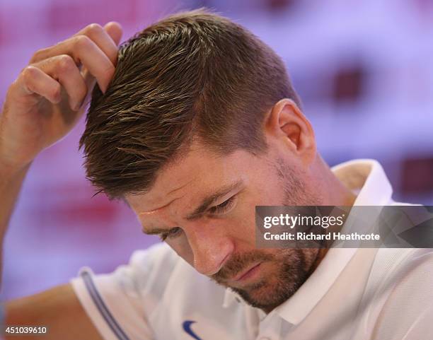 Captain Steven Gerrard talks to the media during an England press conference at the Urca Military Base on June 22, 2014 in Rio de Janeiro, Brazil.