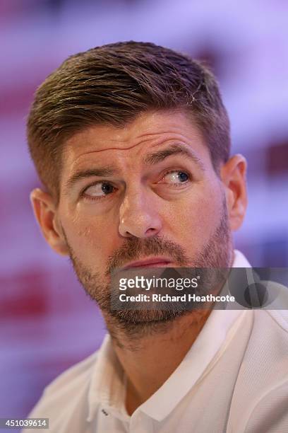 Captain Steven Gerrard talks to the media during an England press conference at the Urca Military Base on June 22, 2014 in Rio de Janeiro, Brazil.