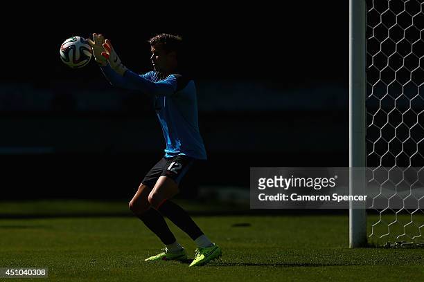Mitch Langerak of the Socceroos goal-keeps during an Australian Socceroos training session and press conference at Estadio Couto Pereira on June 22,...