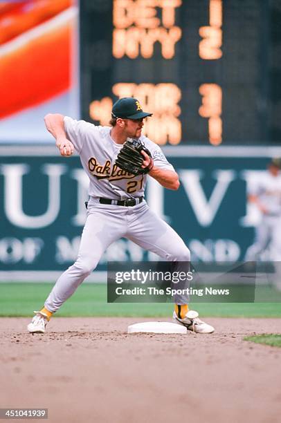 Scott Spiezio of the Oakland Athletics during the game against the Baltimore Orioles on April 26, 1998 at Oriole Park at Camden Yards in Baltimore,...