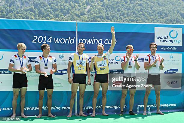Lightweight Men Double Sculls, Team France takes 1st place, team Germania takes 2nd place, team Norway takes 3rd place during during the World Rowing...