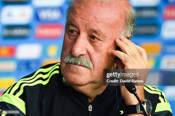 Head coach Vicente Del Bosque of Spain faces the media during a Spain press conference ahead of the 2014 FIFA World Cup Group B match between...