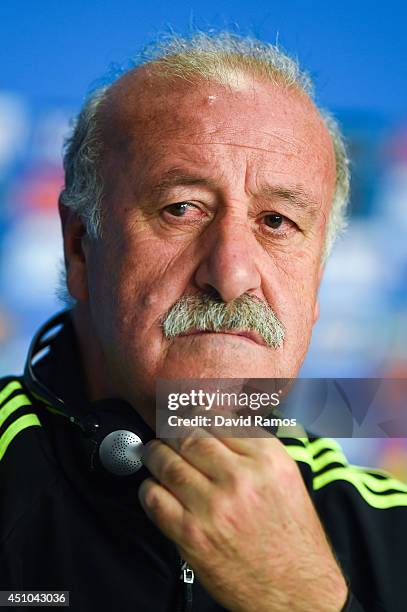 Head coach Vicente Del Bosque of Spain faces the media during a Spain press conference ahead of the 2014 FIFA World Cup Group B match between...