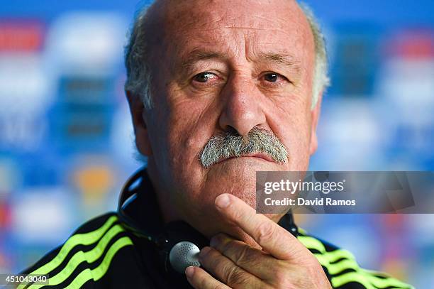 Head coach Vicente Del Bosque of Spain faces the media during a Spain press conference ahead of the 2014 FIFA World Cup Group B match between...