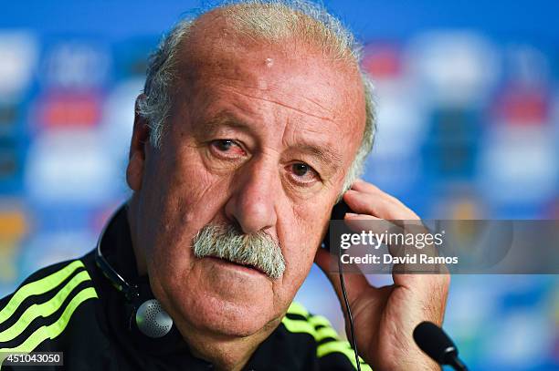 Head coach Vicente Del Bosque of Spain faces the media during a Spain press conference ahead of the 2014 FIFA World Cup Group B match between...