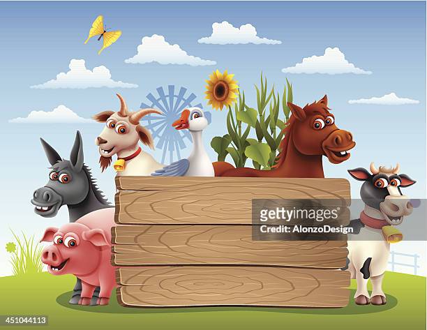 stockillustraties, clipart, cartoons en iconen met farm animals with banner - ganzenvlees