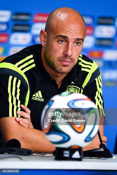 Pepe Reina of Spain faces the media during a Spain press conference ahead of the 2014 FIFA World Cup Group B match between Australia and Spain at...
