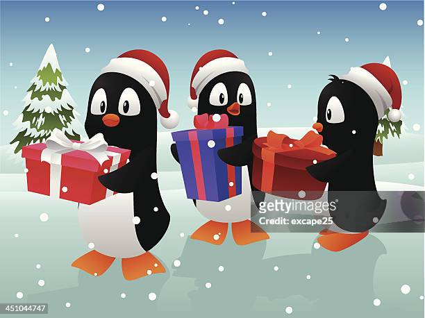 three penguin with present - christmas penguins stock illustrations