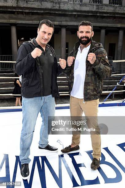 Roberto Cammarelle and Alessio Sakara attend the Moncler Gamme Bleu show during Milan Menswear Fashion Week Spring Summer 2015 on June 22, 2014 in...