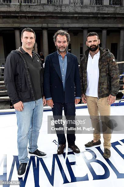 Roberto Cammarelle, Remo Ruffini and Alessio Sakara attend the Moncler Gamme Bleu show during Milan Menswear Fashion Week Spring Summer 2015 on June...