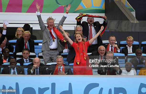 King Philippe of Belgium and Queen Mathilde of Belgium celebrate the victory of Belgium at the end of the 2014 FIFA World Cup Brazil Group H match...