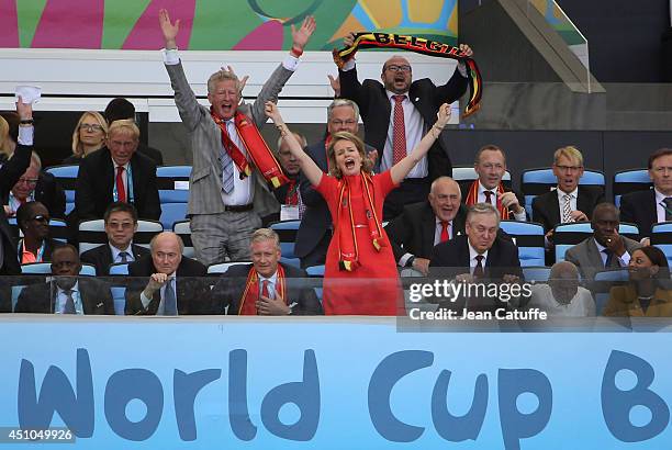 King Philippe of Belgium and Queen Mathilde of Belgium celebrate the victory of Belgium at the end of the 2014 FIFA World Cup Brazil Group H match...