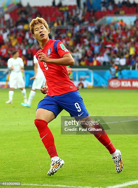Son Heung-Min of South Korea celebrates after scoring his team's firsrt goal during the 2014 FIFA World Cup Brazil Group H match between South Korea...