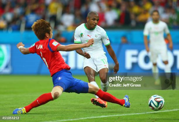 Yacine Brahimi of Algeria scores his team's fourth goal during the 2014 FIFA World Cup Brazil Group H match between South Korea and Algeria at...