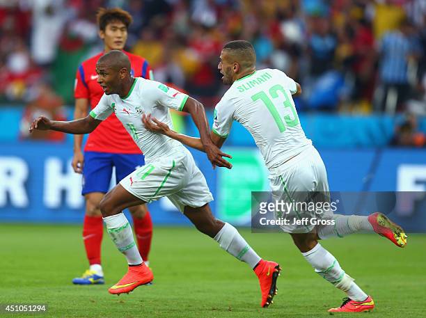 Yacine Brahimi of Algeria celebrates scoring his team's fourth goal during the 2014 FIFA World Cup Brazil Group H match between South Korea and...