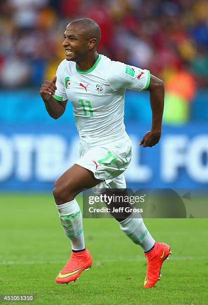 Yacine Brahimi of Algeria celebrates scoring his team's fourth goal during the 2014 FIFA World Cup Brazil Group H match between South Korea and...