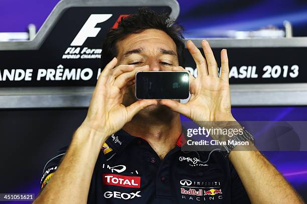 Mark Webber of Australia and Infiniti Red Bull Racing attends his final drivers press conference during previews for the Brazilian Formula One Grand...