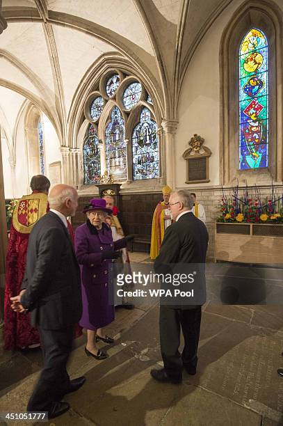 Queen Elizabeth II visits Southwark Cathedral on November 21, 2013 in London, England. Queen Elizbabeth II is visiting the Cathedral to view a new...