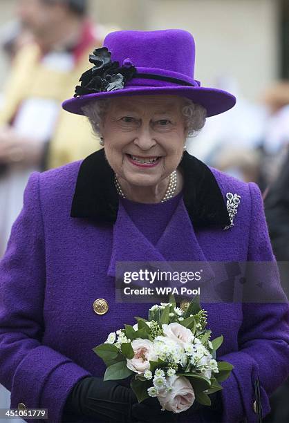 Queen Elizabeth II visits Southwark Cathedral on November 21, 2013 in London, England. Queen Elizbabeth II is visiting the Cathedral to view a new...