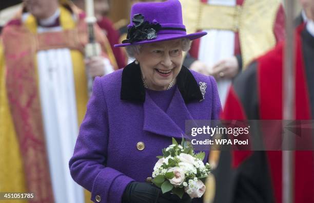 Queen Elizabeth II visits Southwark Cathedral on November 21, 2013 in London, England. Queen Elizbabeth II is visiting the Cathedral to view a new...