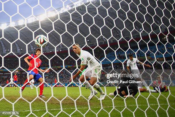 Koo Ja-Cheol of South Korea scores his team's second goal past Djamel Mesbah and goalkeeper Rais M'Bolhi of Algeria during the 2014 FIFA World Cup...