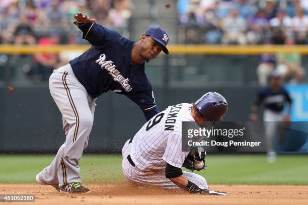 Charlie Blackmon of the Colorado Rockies steals second base as shortstop Jean Segura of the Milwaukee Brewers looses the ball while making the tag in...