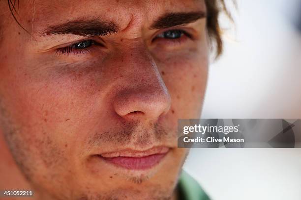 Charles Pic of France and Caterham is interviewed by the media during previews for the Brazilian Formula One Grand Prix at Autodromo Jose Carlos Pace...