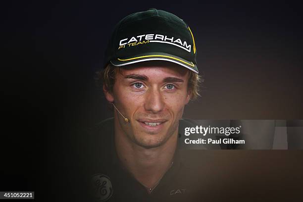 Charles Pic of France and Caterham is interviewed by the media during previews for the Brazilian Formula One Grand Prix at Autodromo Jose Carlos Pace...