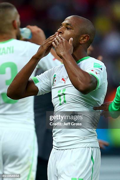 Yacine Brahimi of Algeria celebrates scoring his team's fourth goal during the 2014 FIFA World Cup Brazil Group H match between South Korea and...