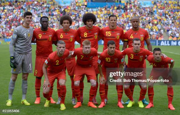 Belgium pose for a team group prior to the 2014 FIFA World Cup Brazil Group H match between Belgium and Russia at Maracana on June 22, 2014 in Rio de...