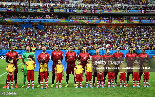 Portugal players line up for the national anthem prior to the 2014 FIFA World Cup Brazil Group G match between USA and Portugal at Arena Amazonia on...