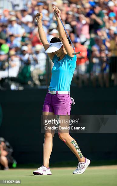 Michelle Wie of the United States celebrates her two shot victory during the final round of the 69th U.S. Women's Open at Pinehurst Resort & Country...