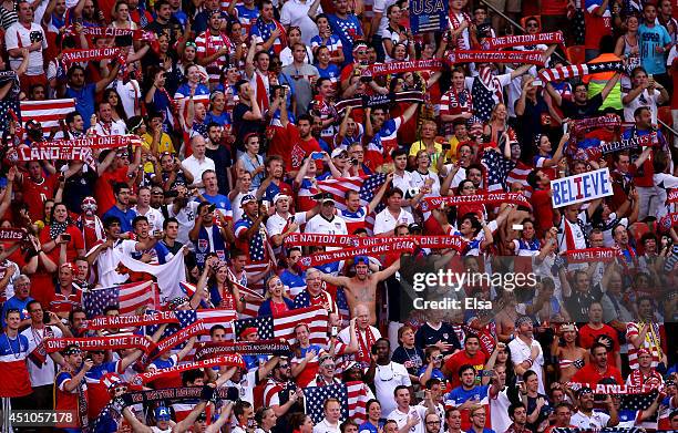 United States fans cheer during the 2014 FIFA World Cup Brazil Group G match between the United States and Portugal at Arena Amazonia on June 22,...