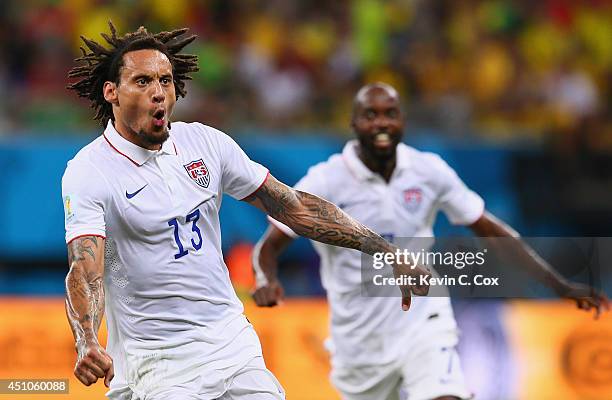 Jermaine Jones of the United States celebrates after scoring his team's first goal during the 2014 FIFA World Cup Brazil Group G match between the...