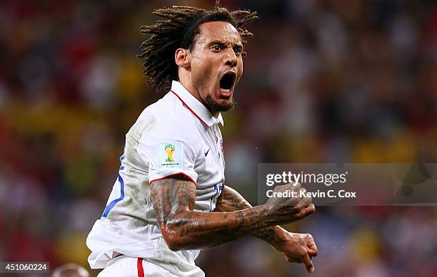 Jermaine Jones of the United States celebrates after scoring his team's first goal during the 2014 FIFA World Cup Brazil Group G match between the...