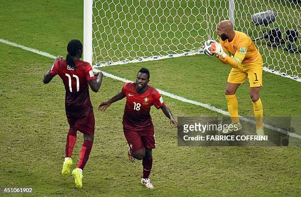 Goalkeeper Tim Howard reacts after Portugal's forward Silvestre Varela scored during a Group G football match between USA and Portugal at the...