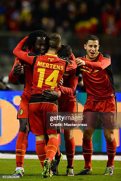 Kevin Mirallas of Belgium celebrates scoring his team's first goal with his team mates Dries Mertens , Romelu Lukaku and Eden Hazard during the...