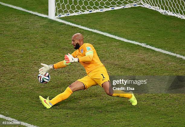 Goalkeeper Tim Howard of the United States makes a save during the 2014 FIFA World Cup Brazil Group G match between the United States and Portugal at...