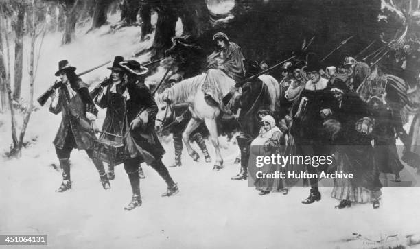 'The Flight Of The Huguenots', a painting by George Sheridan Knowles , depicting French Protestant Huguenots fleeing religious persecution in France,...