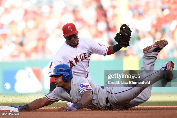 Adrian Beltre of the Texas Rangers is out at second base in the fourth inning against Erick Aybar of the Los Angeles Angels of Anaheim at Angel...