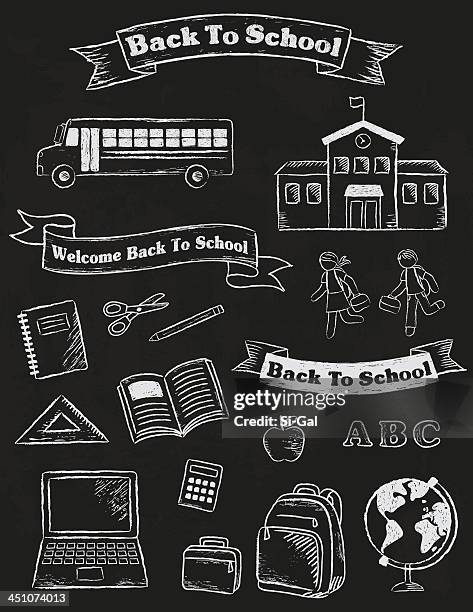 zurück zu schule banner und elementen - schulgebäude stock-grafiken, -clipart, -cartoons und -symbole