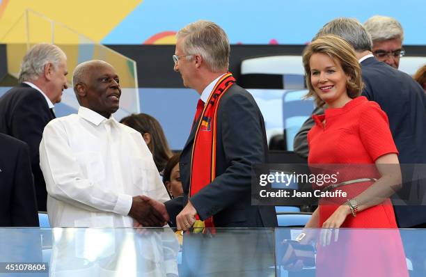 President of Angola Jose Eduardo dos Santos, King Philippe of Belgium and Queen Mathilde of Belgium attend the 2014 FIFA World Cup Brazil Group H...