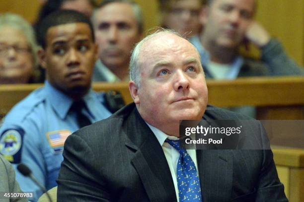 Michael Skakel reacts to being granted bail during his hearing at Stamford Superior Court November 21, 2013 in Stamford, Connecticut. Skakel will be...