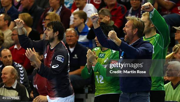 Martin Schwalb ,head coach of Hamburg celebrates during the VELUX EHF Handball Champions League group D match between SG Flensburg-Handewitt and HSV...