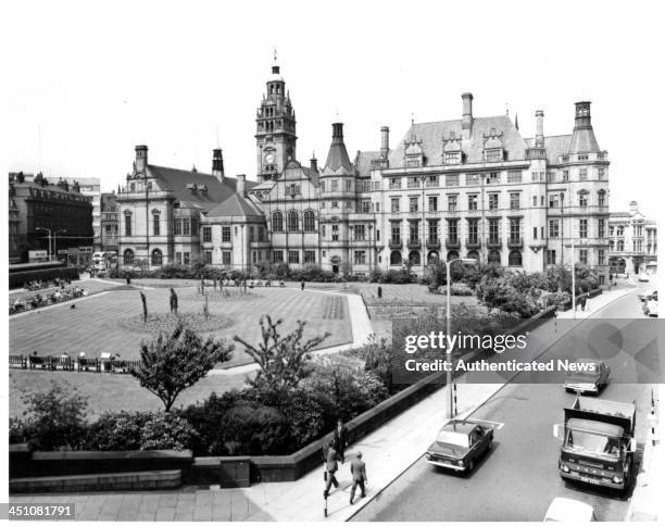 View of the Town Hall and St Paul's Gardens in Sheffield, England. Circa 1950.